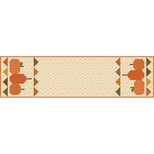 May include: A rectangular fabric table runner featuring a cream-colored background with a small floral pattern. The ends display orange pumpkin motifs, green stems, and triangular accents in shades of orange, brown, and olive green.
