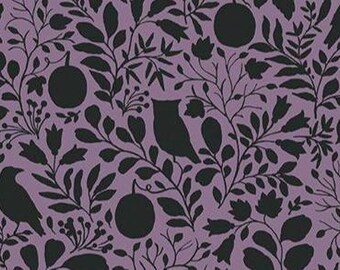 May include: A repeating pattern featuring black silhouettes of owls, crows, fruit, and foliage on a lavender background. The design includes various botanical elements, creating a nature-inspired aesthetic. The pattern is suitable for fabric or wallpaper.