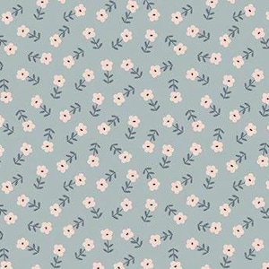 May include: A repeating pattern of small, light pink flowers with dark blue stems and leaves on a light blue background. The floral design is evenly spaced, creating a delicate and charming aesthetic, suitable for fabric or wallpaper.