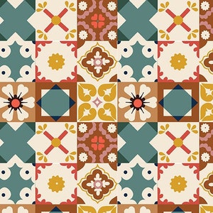 May include: A seamless pattern of colorful tiles with geometric and floral designs. The tiles are arranged in a grid pattern and feature a variety of colors, including red, orange, yellow, green, blue, and brown.