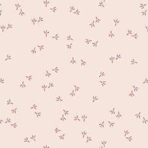 May include: A repeating pattern of small, red bird footprints scattered across a pale pink background. The footprints are simple, stylized, and evenly spaced, creating a delicate and whimsical design.