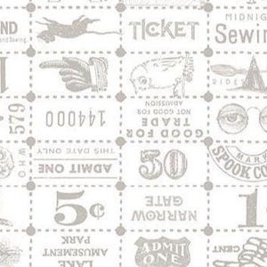 May include: A repeating pattern of vintage-style illustrations and text in shades of gray on a white background. The design includes ticket stubs, a pointing hand, an owl, and the words "Midnight Sewing".