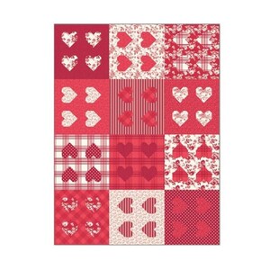May include: A patchwork quilt featuring a variety of red and white patterned squares. Designs include floral prints, hearts, stripes, and plaid patterns. The quilt is a rectangular shape and is displayed on a white background.