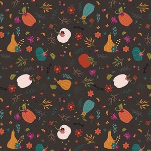May include: A seamless pattern featuring various fall-themed elements on a dark brown background. The pattern includes pumpkins, gourds, leaves, flowers, and bats. The pumpkins are in shades of orange, white, and green. The gourds are in shades of orange and brown. The leaves are in shades of green and brown. The flowers are in shades of pink, purple, and yellow. The bats are black.