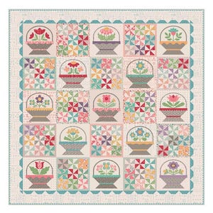 May include: A patchwork quilt featuring a repeating pattern of flower baskets and pinwheel blocks. The baskets are in various colors, each holding different flowers. The quilt has a scalloped border and is primarily in pastel colors.