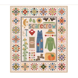 Puede incluir: Un dise&ntilde;o de colcha de retazos colorido que presenta un espantap&aacute;jaros con un sombrero de paja, un mono y una camisa a cuadros. La colcha tambi&eacute;n incluye una variedad de otros elementos de tem&aacute;tica oto&ntilde;al, como mazorcas de ma&iacute;z, calabazas y hojas.