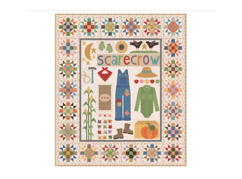 Puede incluir: Un dise&ntilde;o de colcha de retazos colorido que presenta un espantap&aacute;jaros con un sombrero de paja, un mono y una camisa a cuadros. La colcha tambi&eacute;n incluye una variedad de otros elementos de tem&aacute;tica oto&ntilde;al, como mazorcas de ma&iacute;z, calabazas y hojas.