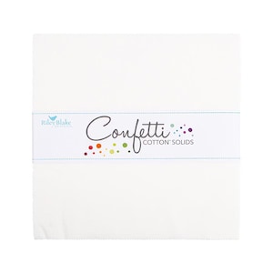 May include: A stack of white cotton fabric squares, wrapped with a white band featuring the text "Confetti COTTON SOLIDS" in a script font. The band also includes the Riley Blake Designs logo and colorful dots.