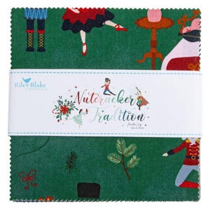 May include: A stack of green fabric squares with a repeating pattern of Nutcracker figures and ballet dancers. The fabric is wrapped with a white band that reads "Nutcracker Tradition" by Riley Blake Designs.