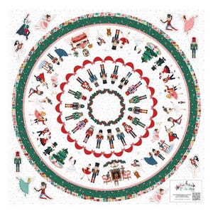 May include: Circular fabric featuring a festive Nutcracker theme. The design includes illustrations of nutcrackers, ballerinas, angels, and Christmas trees, set against a white background with a green and red border. The overall aesthetic is whimsical and holiday-themed.
