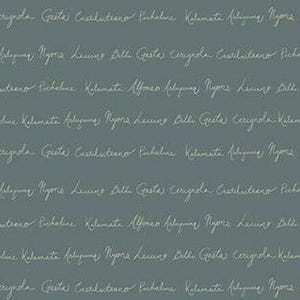 May include: A seamless pattern featuring white cursive script on a muted teal background. The text repeats horizontally and vertically, creating a textured effect. The script appears to be a handwritten style.