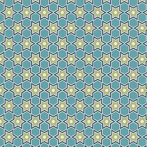 May include: A repeating pattern of blue, green, and white stars. The stars are arranged in a hexagonal pattern.