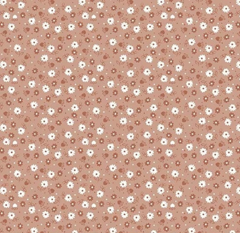 May include: A seamless pattern featuring a repeating design of small white and brown flowers on a light brown background.