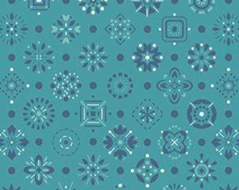 May include: Teal-colored fabric with a repeating pattern of geometric shapes in shades of blue and white. The design includes circles, squares, and floral-like motifs, creating a symmetrical and decorative pattern. The fabric is suitable for various craft and sewing projects.