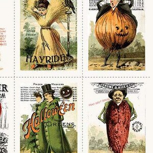 May include: A vintage collage of six seed packets featuring illustrations of a woman dressed as a hayride, a man dressed as an onion, a man dressed as a pea pod, and a man dressed as a beet. The text on the packets includes "Hayride", "October Onion", "Halloween Greens", and "Dead Beet Seeds".