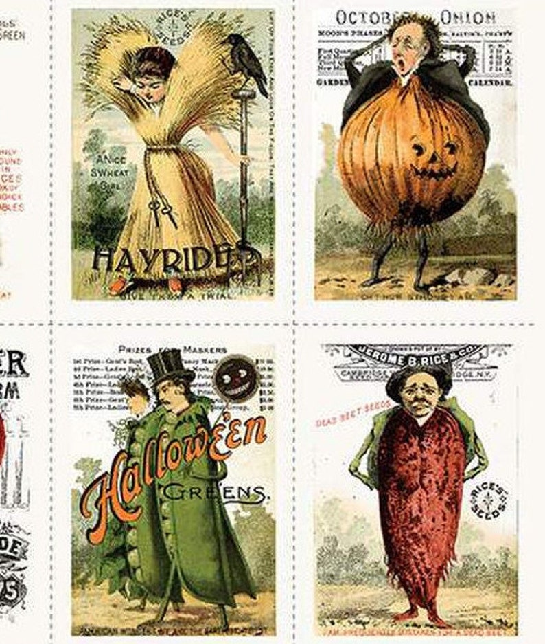 May include: A vintage collage of six seed packets featuring illustrations of a woman dressed as a hayride, a man dressed as an onion, a man dressed as a pea pod, and a man dressed as a beet. The text on the packets includes "Hayride", "October Onion", "Halloween Greens", and "Dead Beet Seeds".