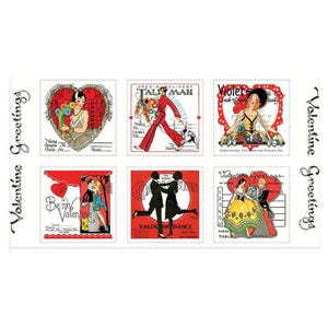 May include: Nine vintage Valentine's Day cards with red hearts, floral designs, and couples. The cards feature text such as "Valentine Greetings", "Be My Valentine", "Tall Man", "Violet's", and "Valentine Greetings".
