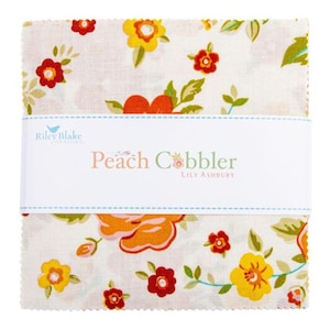 May include: A stack of fabric squares with a floral pattern in shades of peach, yellow, red, and green. The fabric is wrapped with a white band that reads "Peach Cobbler" and "Lily Ashbury".