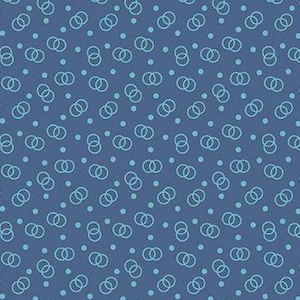 May include: A seamless pattern featuring a repeating design of interlocking circles in a light blue color on a dark blue background.