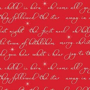 May include: Red fabric with white cursive text of Christmas carols and star accents. Phrases include "A child is born," "Silent night," and "Merry Christmas." Ideal for holiday crafts and decorations.
