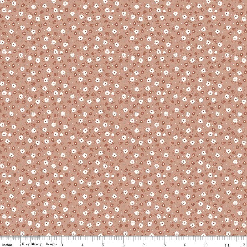 May include: A seamless fabric pattern featuring a repeating design of small white flowers with brown centers on a light brown background.
