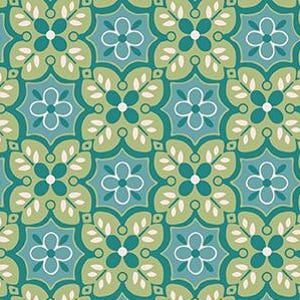 May include: A repeating pattern of teal, green, and white floral designs. The pattern features stylized flowers, leaves, and geometric shapes.