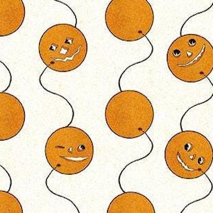 May include: A repeating pattern of orange circles with black squiggly lines and cartoon faces. The faces have various expressions, including winks and smiles, against a white background. The design has a whimsical, playful aesthetic.