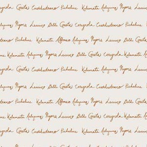 May include: A repeating pattern of handwritten text in a warm brown color on a light beige background. The script appears to be a list of names or places, creating a textured, artistic design suitable for various applications.