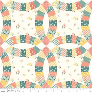 May include: A fabric pattern featuring four large, curved shapes in a patchwork design. The patchwork includes stripes, diamonds, and floral patterns in shades of coral, yellow, and teal, set against a cream background. Small floral and butterfly motifs are scattered throughout.