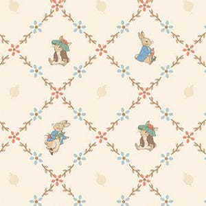 May include: A cream-colored fabric featuring a repeating diamond lattice pattern formed by brown vines with small blue flowers and red centers. Inside the diamonds are illustrations of rabbits in blue jackets or green hats.