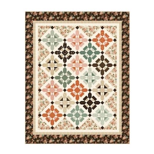 May include: A floral quilt with a patchwork design. The quilt features a repeating pattern of stylized flowers in shades of pink, orange, green, and brown, set against a cream background. The border is a dark brown floral print.