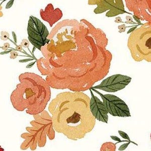 May include: Watercolor floral pattern featuring peach, yellow, and red flowers with green leaves on a white background. The design includes various flower sizes and shapes, creating a repeating pattern. The style is soft and artistic.