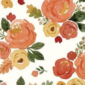 May include: Watercolor floral pattern featuring peach, yellow, and red roses with green leaves and small white flowers on a white background. The design has a soft, artistic feel, suitable for fabric or wallpaper.