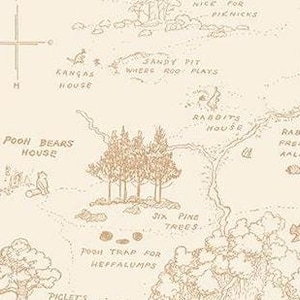 May include: A detailed map illustration in sepia tones, featuring hand-drawn elements like trees, houses, and a compass rose. Text includes "Pooh Bears House," "Sandy Pit," and "Six Pine Trees."