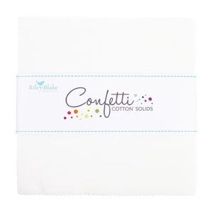 May include: A stack of white fabric squares wrapped with a band featuring the text "Confetti Cotton Solids" in a script font. The band includes the Riley Blake Designs logo and colorful dots.