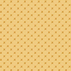 May include: A seamless pattern featuring a repeating design of small white dots and larger orange four-pointed stars on a light yellow background.