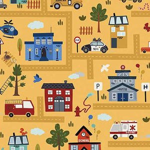 May include: A whimsical fabric pattern featuring a town map design with roads, buildings, and vehicles. The illustration includes a school, hospital, fire truck, police car, and ambulance, all set against a yellow background.