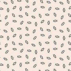 May include: A repeating pattern of small, black, abstract shapes scattered across a light beige background. The shapes resemble stylized knots or figures, creating a minimalist and modern design suitable for fabric or wallpaper.
