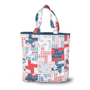May include: A patchwork tote bag with a variety of patterns in red, white, and blue. The bag features floral, gingham, and solid fabric squares. The handles and top trim are a solid blue. The bag is designed for carrying items.