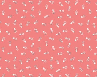 Farm Girl Vintage Companion Prints Flower Pots Coral by Lori Holt for Riley Blake, 1/2 Yard - Cut Continuously, C8741-CORAL
