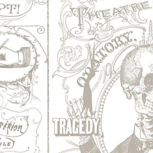 May include: Off-white background with vintage-style illustrations. Features a skull, ornate text including "Tragedy," and a hand writing with a quill. The design has a theatrical or literary theme.
