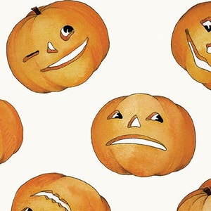 May include: Five orange pumpkins with different carved facial expressions. The pumpkins are on a white background.