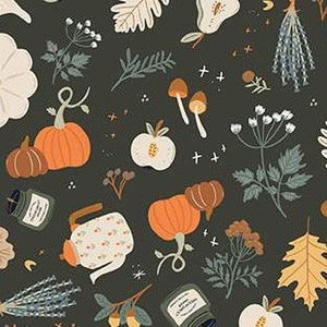 May include: A seamless pattern featuring a variety of autumnal elements, including pumpkins, gourds, leaves, mushrooms, and sprigs of greenery. The background is a dark green color, and the elements are drawn in a whimsical, hand-drawn style.