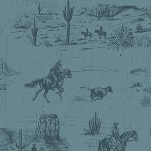 May include: Teal-colored wallpaper with a repeating pattern of cowboys on horseback, cacti, and desert landscapes. The illustrations are in a vintage, etched style, creating a rustic and thematic design.