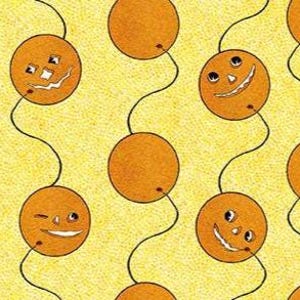 May include: A repeating pattern of orange circles with black stems and smiling faces on a yellow background. The faces have various expressions, including winks and smiles. The background has a textured appearance.