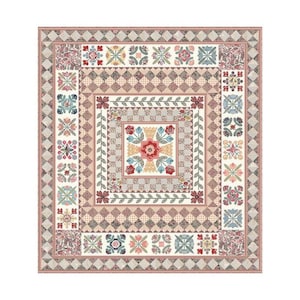 May include: A square quilt with a floral design. The quilt features a central square with a large flower, surrounded by patterned borders in shades of pink, cream, and blue. The outer border has a diamond pattern.
