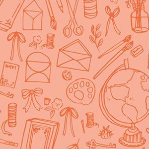 May include: A seamless pattern featuring various stationery and craft supplies, including envelopes, scissors, paintbrushes, a globe, a spool of thread, a key, a notebook, a paint palette, and a vase with flowers. The pattern is in a light orange color on a pink background.