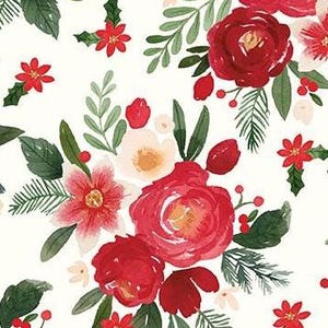 May include: Watercolor floral pattern featuring red roses, poinsettias, and green leaves on a white background. The design includes sprigs of berries and various flower arrangements, creating a festive and decorative theme.