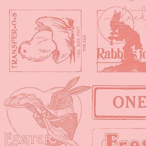 May include: A pink Easter-themed fabric with various illustrations in a coral color. The designs include a chick, a rabbit, and text that reads "TRANSFER-O-S", "THIS SIDE NEXT THE EGG", "Rabbit's", "ONE", "FASTER", and "Fres".