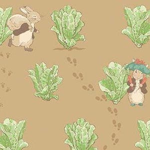 May include: A light brown fabric featuring a repeating pattern of light green lettuce heads, small brown rabbits, and tiny brown paw prints. One rabbit is shown walking, while another wears a green hat and carries two orange carrots.